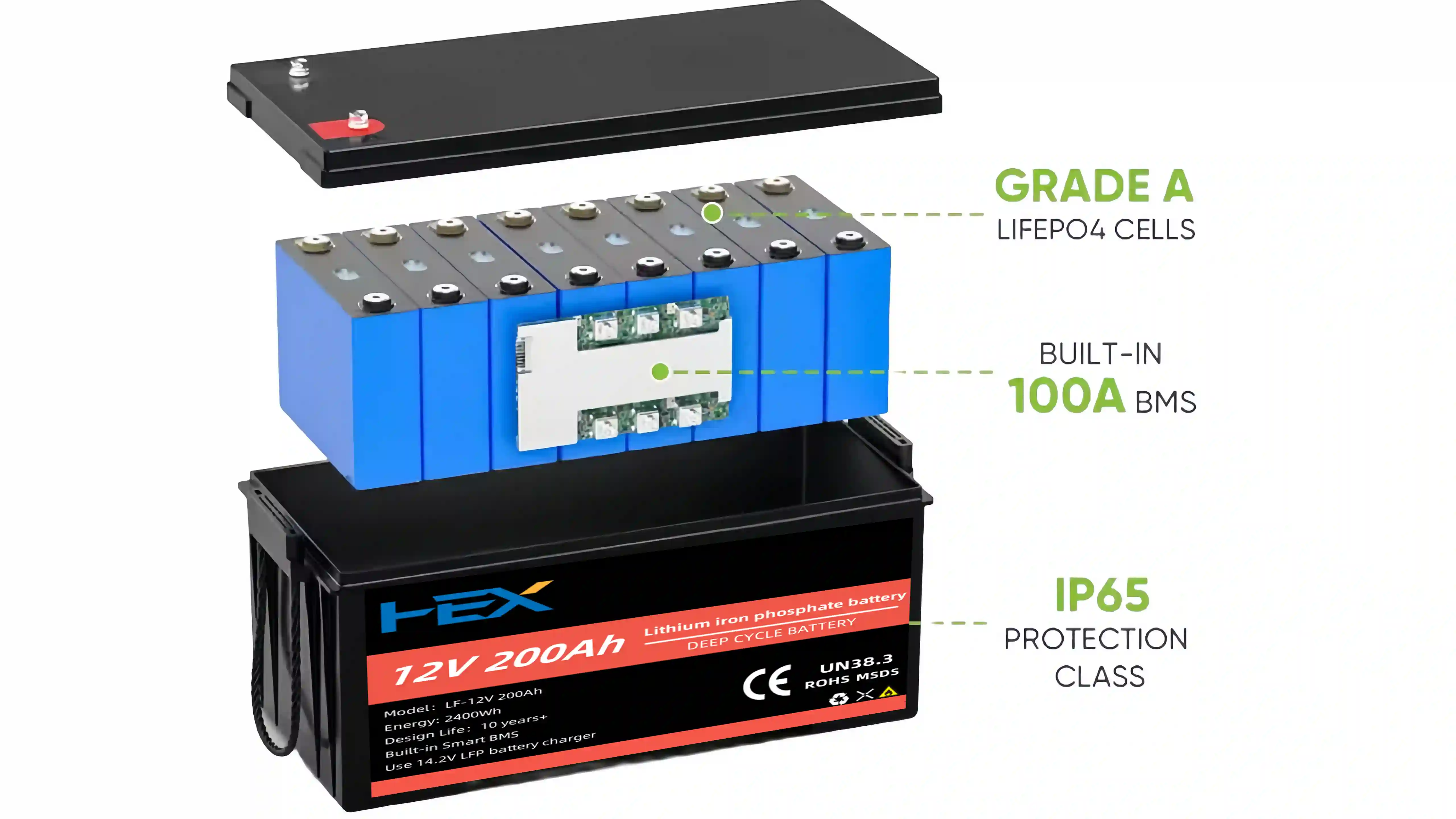 LiFePO4 Lithium Battery 12v 200Ah with BMS and LED indicator